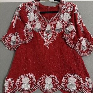 Vtg Women's Top Beaded Silk Cape Scallop Sleeve Hem Sequin HEAVY M Glam Dressy